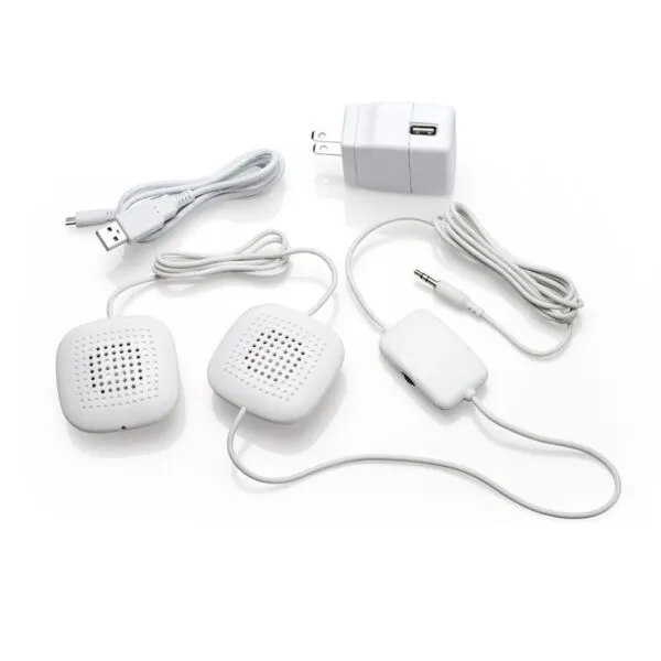 Sound Oasis PA-100 under-pillow speakers with an inline volume control and USB power adapter