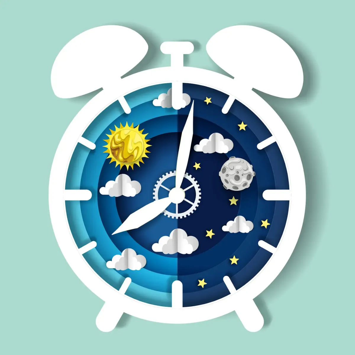 Paper cut illustration of an alarm clock with a daytime and nighttime design