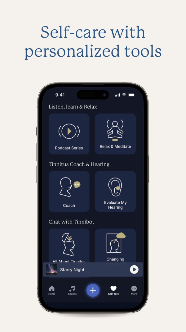 The MindEar app home screen with self-care tools