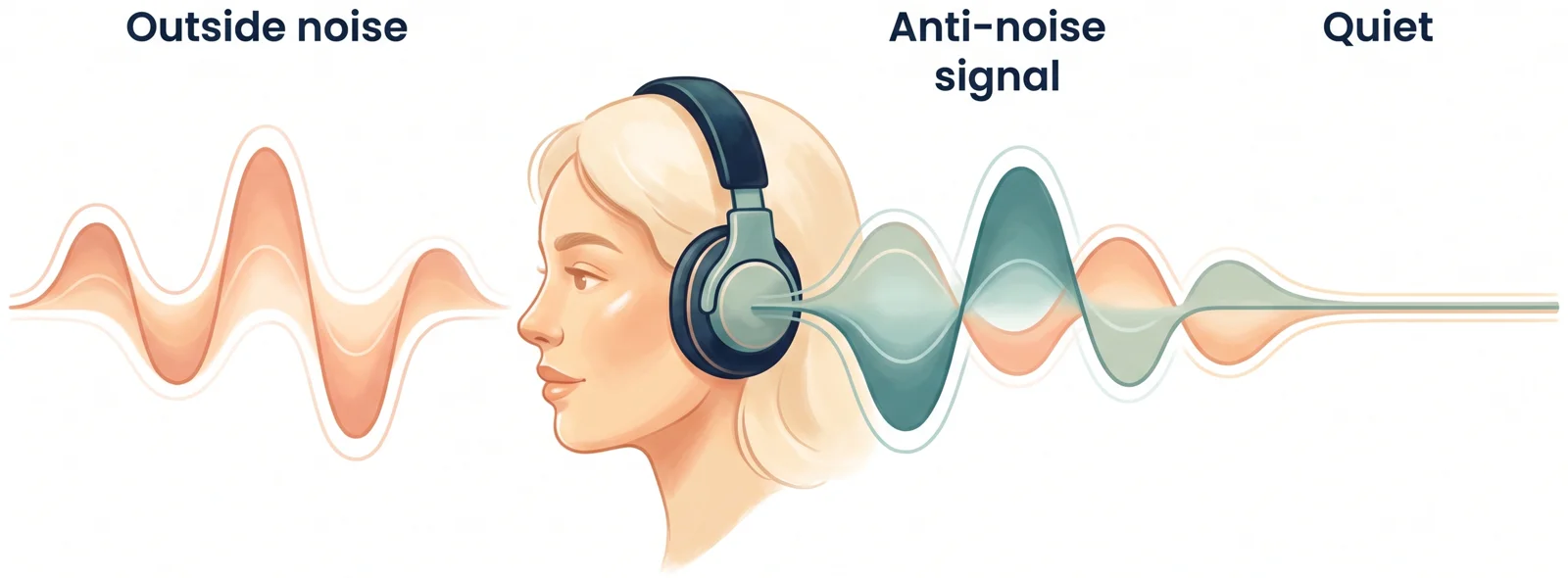 Diagram showing how noise cancellation works: outside noise meets an inverse anti-noise signal from the headphones and the two flatten into quiet